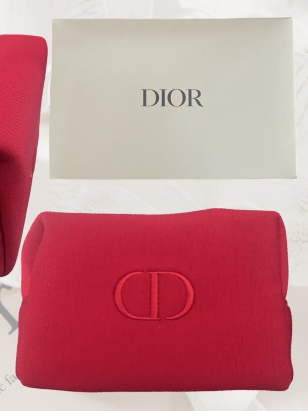 Dior Beauty Red Canvas Embossed Logo Makeup Toiletry Bag Zip Pouch NWT